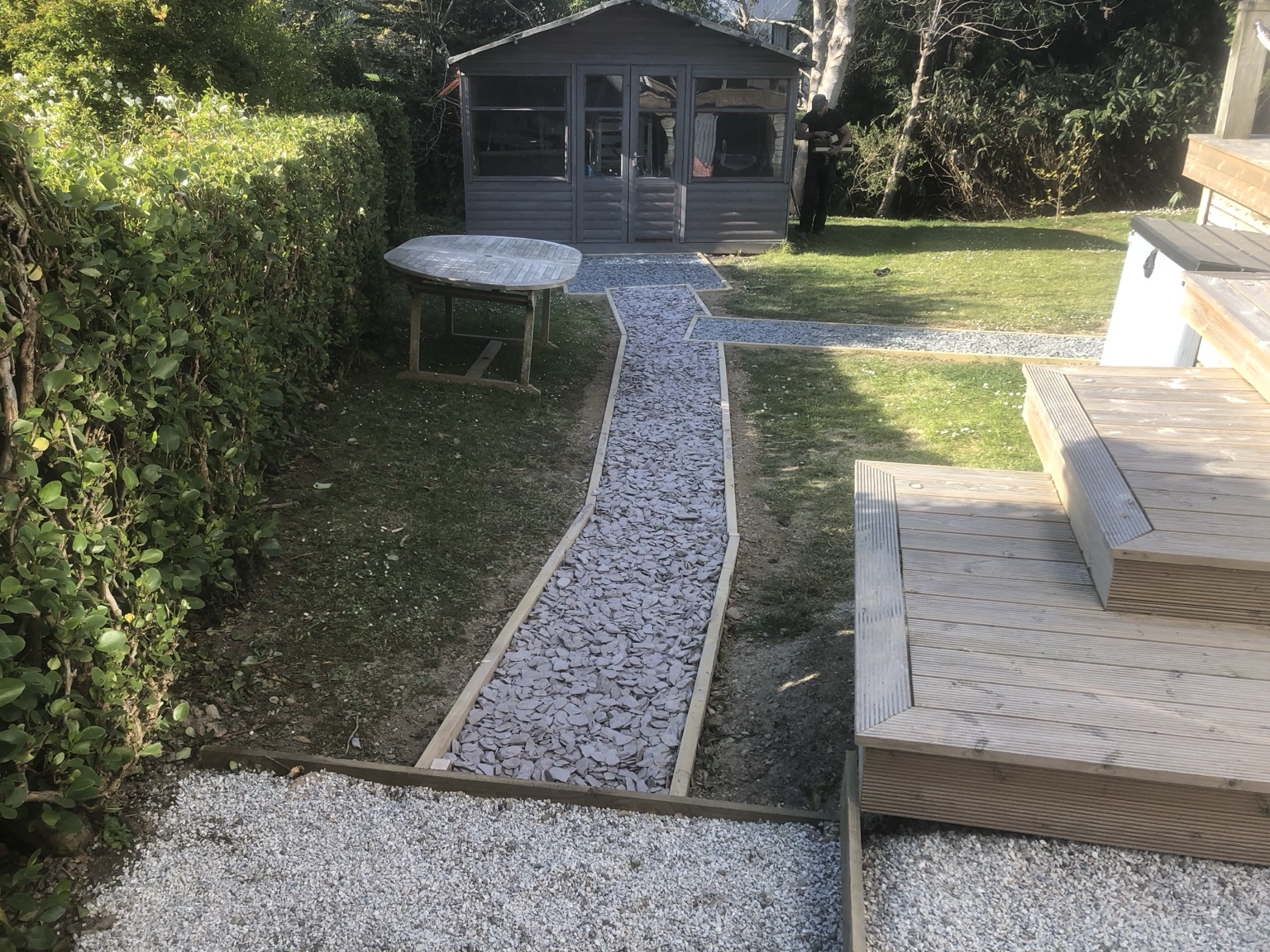 Finished gravel path with timber edging, a garden improvement and landscaping project in South East Cornwall